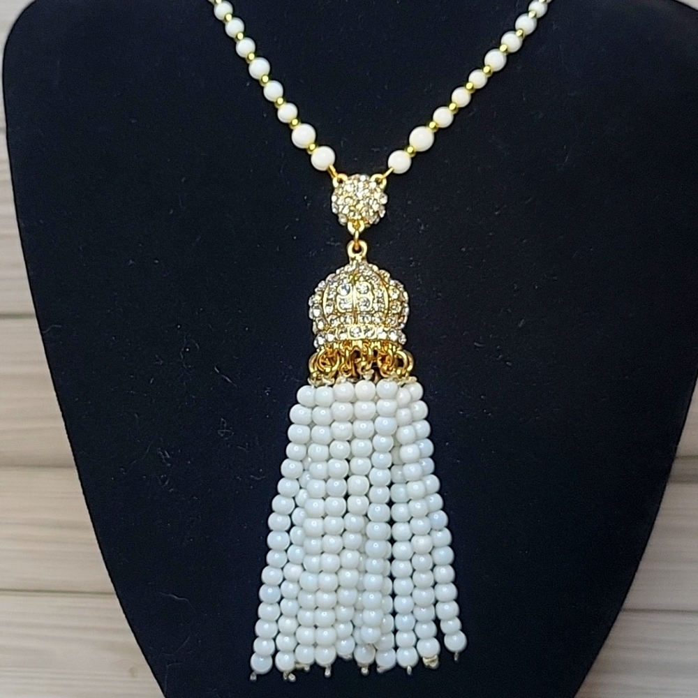 Elegant Gold and White Milk Glass Necklace With Tassel Long Upcyled 20" + Tassel